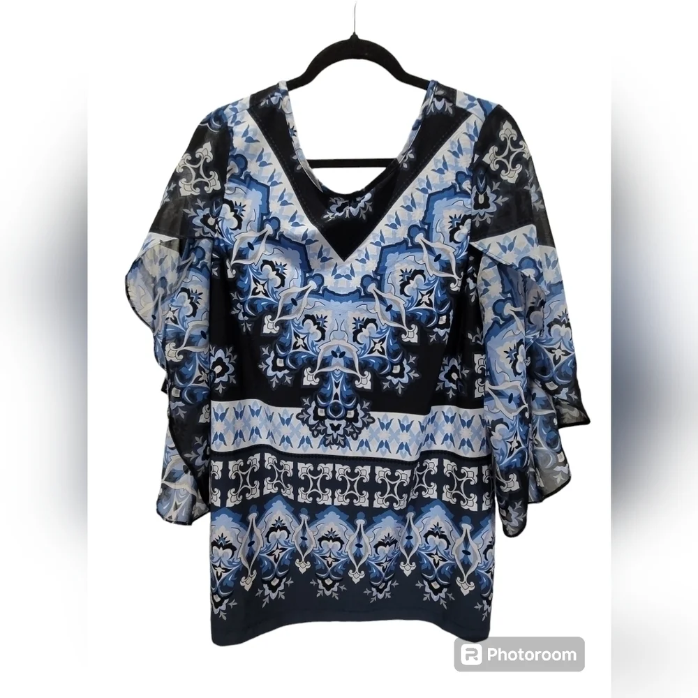 XL Navy Blue Sheer Flowy Sleeve V Neck Tunic Paisley Geometric - Picture 1 of 7